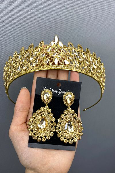 Hobigram Set de coroană și cercei Mia Bridal Henna pentru cele mai frumoase mirese – Coroană, piatră de cristal, model elegant, coroană de mireasă – T