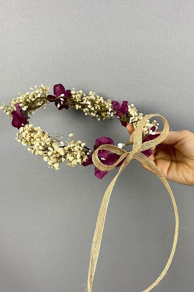Hobigram Accesoriu de păr de mireasă pentru fotografiere în aer liber cu flori uscate de hortensie violet închis pentru cele mai frumoase mirese – coroană – tiara
