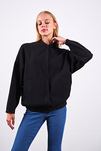 Ortaya Çık Black Linen Bomber Jacket