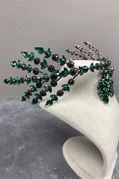 Hobigram Green Helenist Double Sided Bridal Henna Tiara and Earring Set for the Most Beautiful Brides – Crown, Crystal Stone –