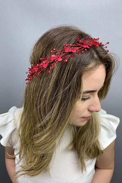Hobigram Accesoriu de păr cu ramură de primăvară emailată roșie pentru cele mai frumoase mirese – coroană, piatră de cristal, model elegant – coroană –