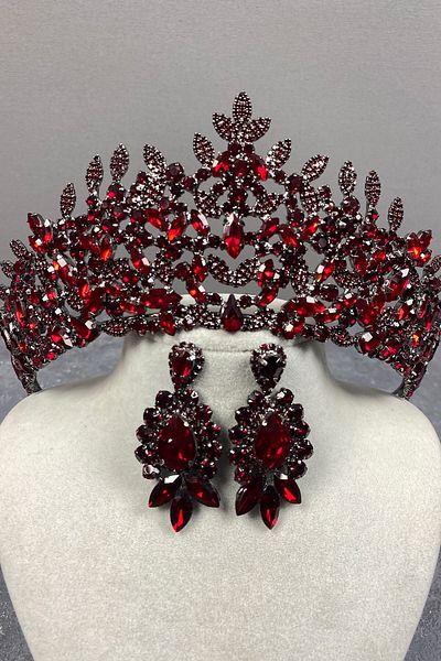 Hobigram Set de cercei pentru rochie de seară și coroană de mireasă Oscar Burgundy – Coroană, piatră de cristal, model elegant, coroană de mireasă – Coroană