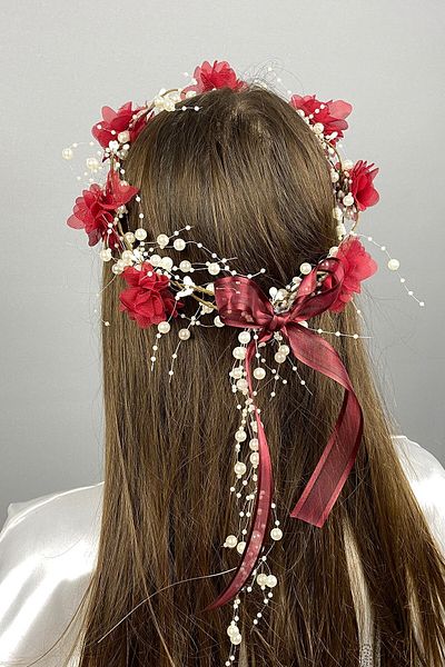 Hobigram Coroana de domnisoare de onoare cu design special cu flori laser burgundy pentru cele mai frumoase mirese – Coroana, cu piatra de cristal, model elegant – T