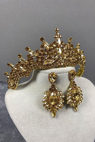 Hobigram Honey Color Stone Bridal Henna Crown and Shuttle Stone Earring Set for the Most Beautiful Brides – Crown, Crystal Stone –