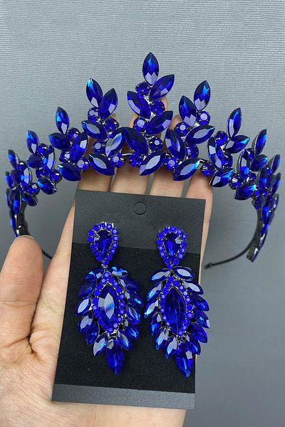 Hobigram Saks Blue Subra Bridal Henna Tiara și Cercei pentru cele mai frumoase mirese – Coroană, Cuarț de cristal, Model elegant – Coroană –