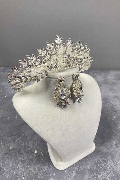 Hobigram Set de coroană de mireasă și cercei cu pietre prețioase cu mărgele Asleny din argint sterling pentru cele mai frumoase mirese – Coroană – Tiara