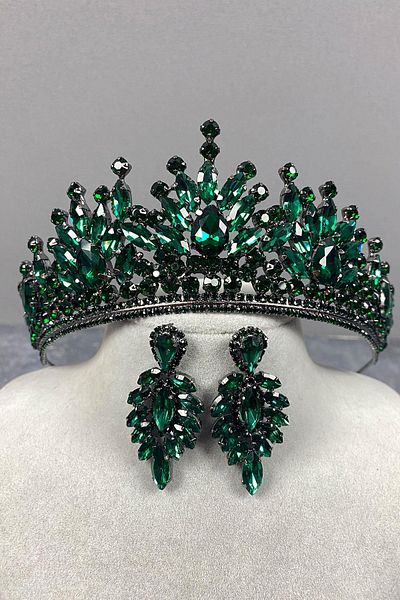 Hobigram Coroana de mireasa verde Pera si cercei cu navetă pentru cele mai frumoase mirese – Coroană, piatră de cristal, model elegant – Coroană