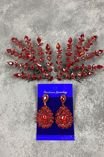 Hobigram Accesoriu de păr Helenist roșu dublu și cercei cu pietre pentru cele mai frumoase mirese – Coroană – Tiara