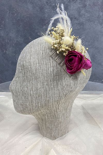 Hobigram Dark Fuchsia Feathered and Cipso Flower Scalloped Hair Accessory for the Most Beautiful Brides – Crown, Crystal Stone – t