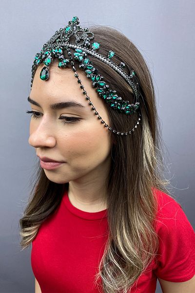 Hobigram Coroana de henna verde pentru cele mai frumoase mirese – Coroana, cu piatra de cristal, model elegant, coroana de mireasa – Coroana –