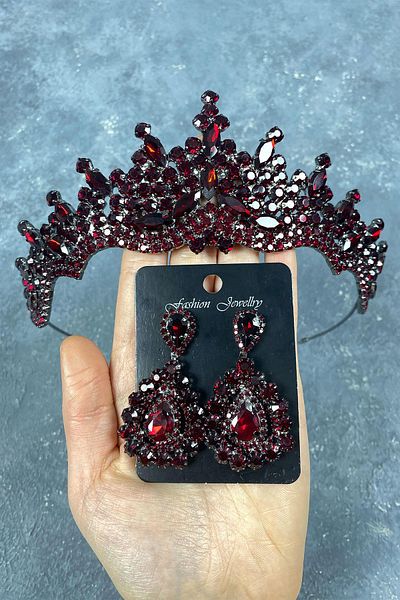 Hobigram Set de coroană și cercei cu henna de mireasă cu piatră de Tokyo Bordeaux pentru cele mai frumoase mirese – Coroană, piatră de cristal – Coroană