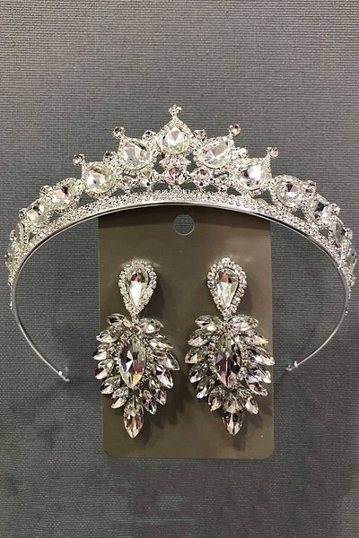 Hobigram Set de coroană și cercei cu henna de culoare argintie cu piatră de sticlă de cristal de culoare argintie pentru cele mai frumoase mirese – Coroană – Tiara
