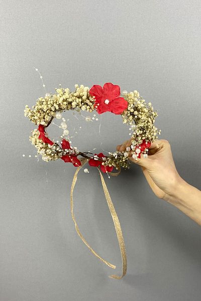 Hobigram Accesoriu de păr de mireasă pentru fotografiere în aer liber cu perle și flori uscate cu hortensii roșii pentru cele mai frumoase mirese – coroană – tiara