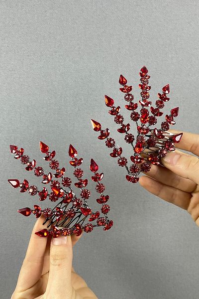 Hobigram Accesoriu de păr Helenist roșu pentru mireasă pe două fețe pentru cele mai frumoase mirese – coroană, piatră de cristal, mod elegant