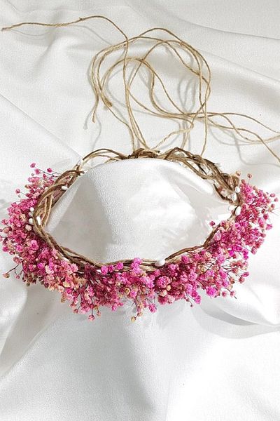 Hobigram Coroană cu flori uscate cu chipsuri fucsia pentru cele mai frumoase mirese – Coroană, piatră de cristal, model elegant, coroană de mireasă – coroană
