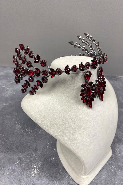 Hobigram Set de coroană și cercei de mireasă cu henna Helenist, bordeaux, pentru cele mai frumoase mirese – coroană, cu piatră de cristal –