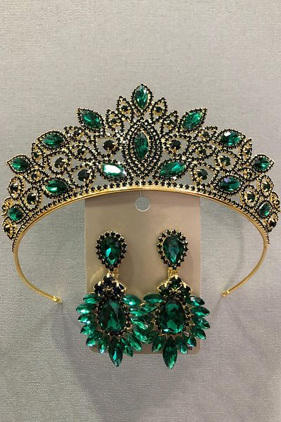Hobigram Set de coroană și cercei de mireasă de culoare aurie cu piatră de sticlă de cristal verde smarald pentru cele mai frumoase mirese – Coroană – Tiara