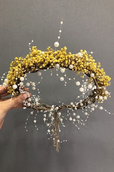 Hobigram Κίτρινο τσιπς πέρλες Dry Flower Crown για τις πιο όμορφες νύφες – Κορώνα, Κρυστάλλινη Πέτρα, Κομψό Μοντέλο, Νυφικό Στέμμα