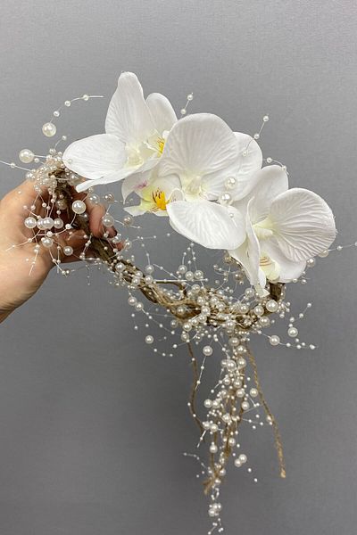 Hobigram Accesoriu pentru păr Coroană cu perle și orhidee pentru cele mai frumoase mirese – Coroană, piatră de cristal, model elegant – Coroană