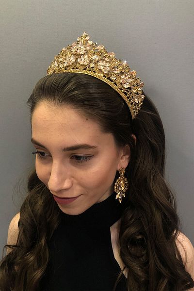 Hobigram Model Keid Coroana și cercei de mireasă cu henna de culoarea miere pentru cele mai frumoase mirese – Coroană, piatră de cristal, model elegant –