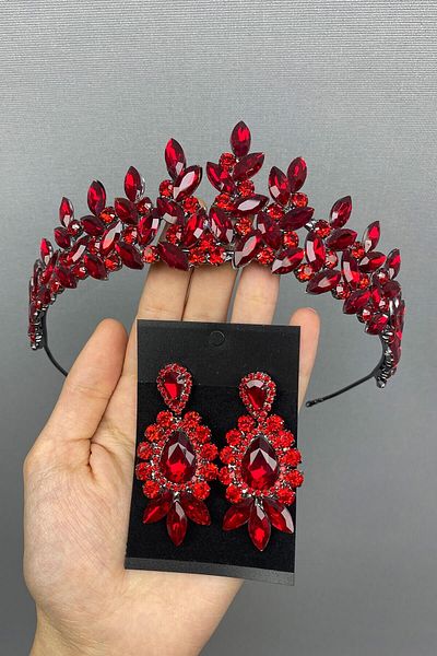 Hobigram Coroană și cercei de mireasă Henna model Subra roșu pentru cele mai frumoase mirese – Coroană, piatră de cristal, model elegant –