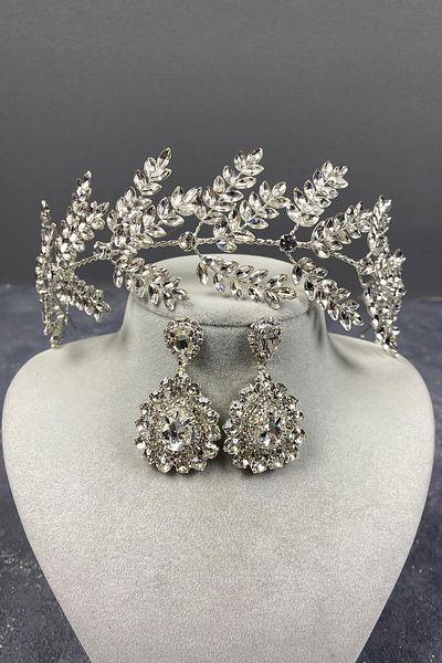 Hobigram Set de accesorii pentru păr de mireasă cu ramuri de frunze de dilana argintie și cercei pentru cele mai frumoase mirese – coroană – tiara