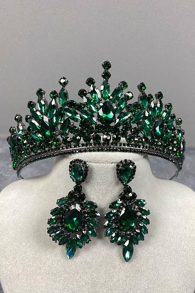 Hobigram Set Coroană și Cercei Henna de Mireasă Pera Verde pentru Cele mai Frumoase Mirese – Coroană, Piatră de Cristal, Model Elegant –