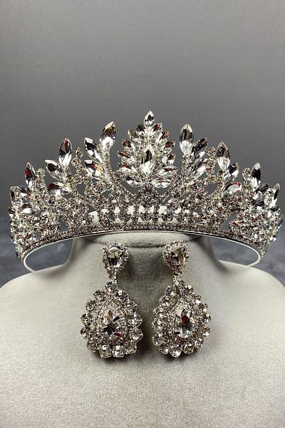 Hobigram Set de coroană de mireasă și cercei cu piatră Danver argintie pentru cele mai frumoase mirese – coroană, piatră de cristal, model elegant