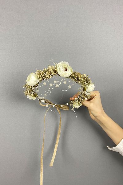 Hobigram Cele mai frumoase mirese Cremă Bujor Floare Chipsolu Pearl Bow Shooting Mireasa Tiara – Coroană – Tiara