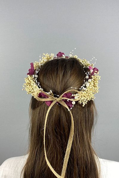 Hobigram Accesoriu de păr de mireasă pentru fotografiere în aer liber cu flori uscate și perle cu hortensie burgundă pentru cele mai frumoase mirese – coroană – tiara