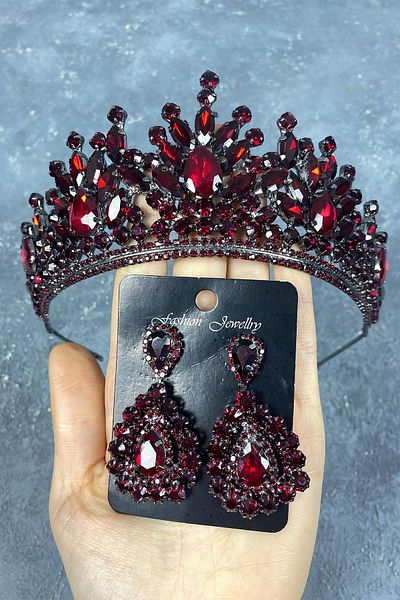 Hobigram Coroană de mireasă Pera Burgundy și cercei de seară cu picătură pentru cele mai frumoase mirese – Coroană, piatră de cristal, model elegant –