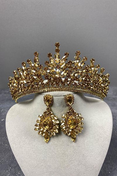 Hobigram Set de coroană de mireasă și cercei cu piatră Rio Stone Honey Color pentru cele mai frumoase mirese – Coroană, piatră de cristal