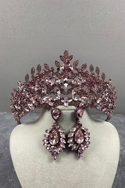 Hobigram Pink Oscar Bridal Henna Crown and Earring Set with Shuttle for the Most Beautiful Brides – Crown, Crystal Stone, Stylish Model