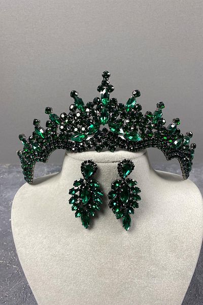 Hobigram Set de coroană și cercei Henna de mireasă cu piatră verde Tokyo pentru cele mai frumoase mirese – Coroană, piatră de cristal – Coroană