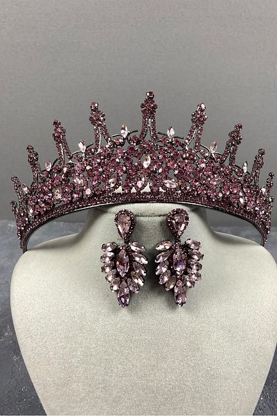 Hobigram Set de coroană și cercei cu henna de mireasă Leonis roz pentru cele mai frumoase mirese – coroană, piatră de cristal, modă elegantă