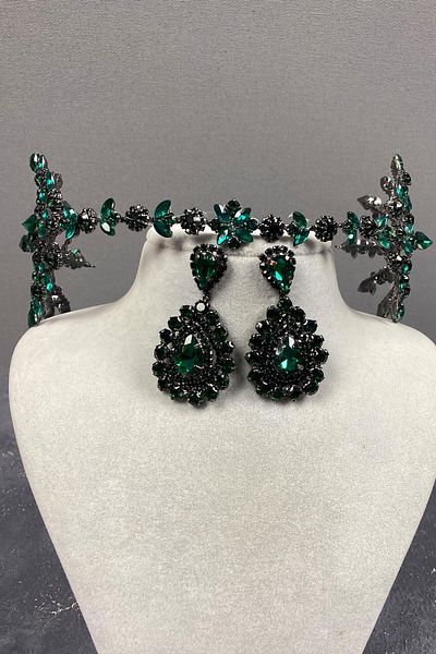 Hobigram Set de coroană și cercei cu henna pentru mireasa Helenist verde pentru cele mai frumoase mirese – coroană, piatră de cristal, modă elegantă