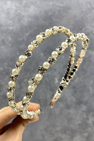 Hobigram Accesoriu de păr cu două rânduri de piatră strălucitoare și perle pentru cea mai frumoasă mireasă - Tiara de mireasă - Coroană, piatră de cristal - Ta