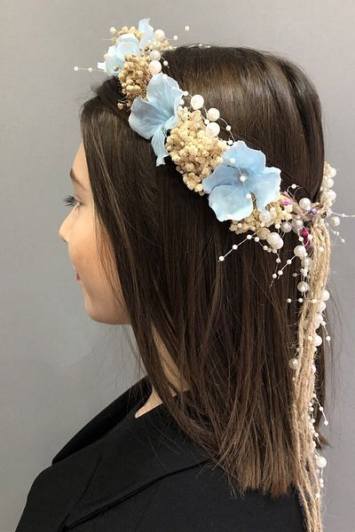 Hobigram Coroană cu chipsuri crem și flori albastre uscate pentru cele mai frumoase mirese – Coroană, piatră de cristal, model elegant, coroană de mireasă