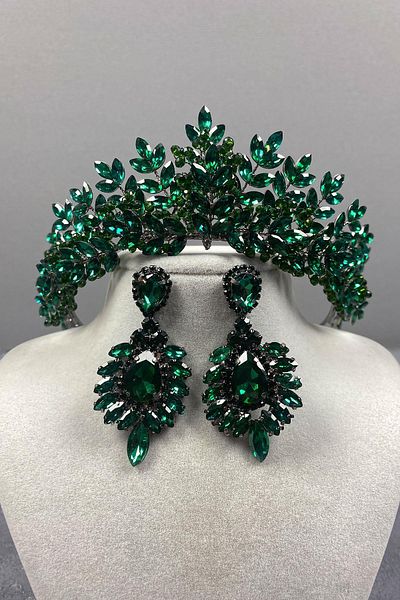 Hobigram Green Asleny Beaded Bridal Henna Tiara and Earring Set for the Most Beautiful Brides – Crown, Crystal Stone –