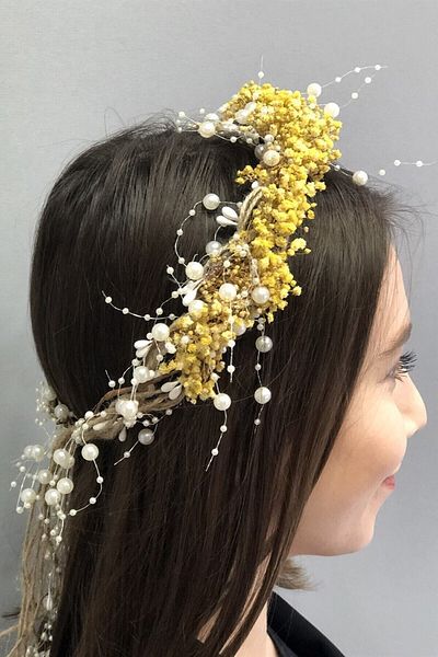 Hobigram Κίτρινο τσιπς πέρλες Dry Flower Crown για τις πιο όμορφες νύφες – Κορώνα, Κρυστάλλινη Πέτρα, Κομψό Μοντέλο, Νυφικό Στέμμα