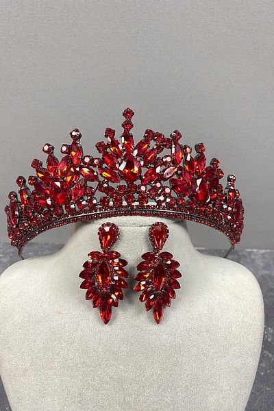 Hobigram Coroană și cercei cu henna de mireasă Pera roșie pentru cele mai frumoase mirese – Coroană, piatră de cristal, model elegant – T