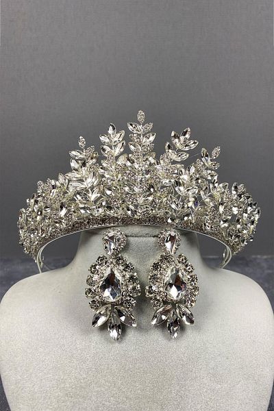 Hobigram Ezel de argint pentru cele mai frumoase mirese Set de coroană și cercei cu henna de mireasă 3D cu navetă – Coroană, piatră de cristal –