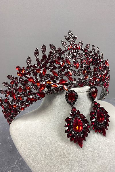 Hobigram Set de coroană și cercei de mireasă cu henna de mireasă bordeaux pentru cele mai frumoase mirese – coroană, piatră de cristal, model elegant – coroană