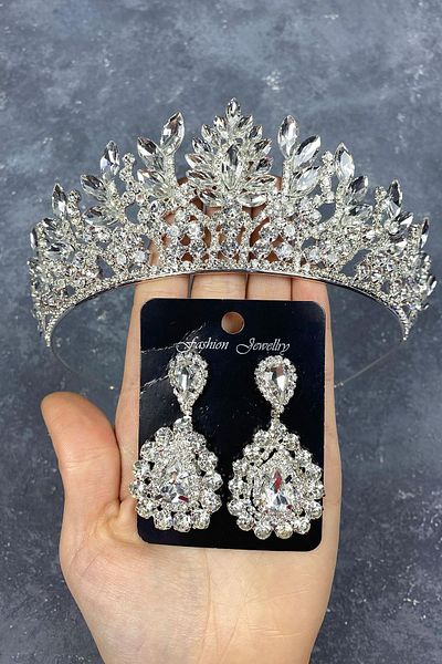 Hobigram Set de coroană de mireasă și cercei cu piatră Danver argintie pentru cele mai frumoase mirese – coroană, piatră de cristal, model elegant