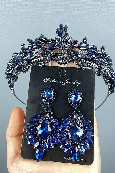 Hobigram Set de coroană și cercei de mireasă Henna cu cristale Lena bleumarin pentru cele mai frumoase mirese – Coroană, cu pietre de cristal –