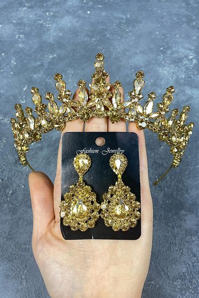 Hobigram Honey Color Cooker Bridal Henna Crown and Drop Stone Evening Dress Earrings