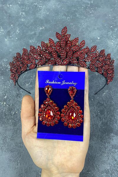 Hobigram Red Sara Frequent Stone Bridal Henna Tiara and Drop Stone Earrings for the Most Beautiful Brides – Crown, Crystal Stone
