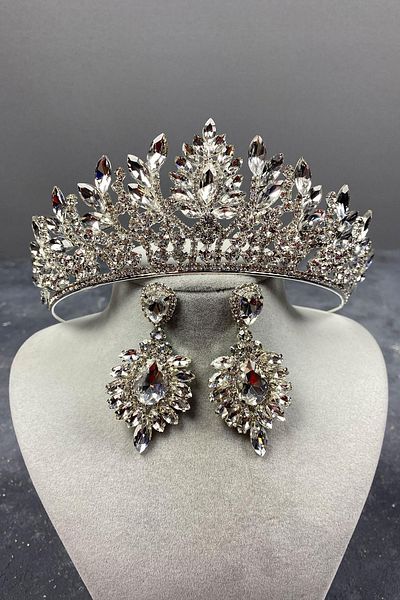 Hobigram Set de coroană și cercei de mireasă cu pietre prețioase Danver argintie pentru cele mai frumoase mirese – Coroană, piatră de cristal, model elegant – Coroană