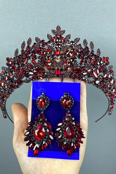 Hobigram Set de coroană și cercei de mireasă cu henna de mireasă bordeaux pentru cele mai frumoase mirese – coroană, piatră de cristal, model elegant – coroană