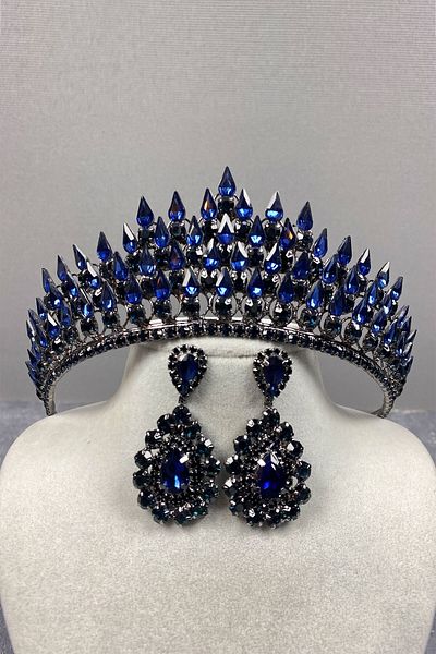 Hobigram Σετ σκουλαρίκια Navy Blue Drop 3D Bridal Henna Crown και σταγόνες για τις πιο όμορφες νύφες – Κορώνα – Στέμμα